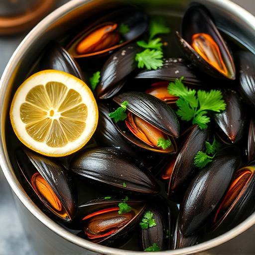 Cazuela de mejillones al vapor con lim&radic;&ge;n y perejil fresco