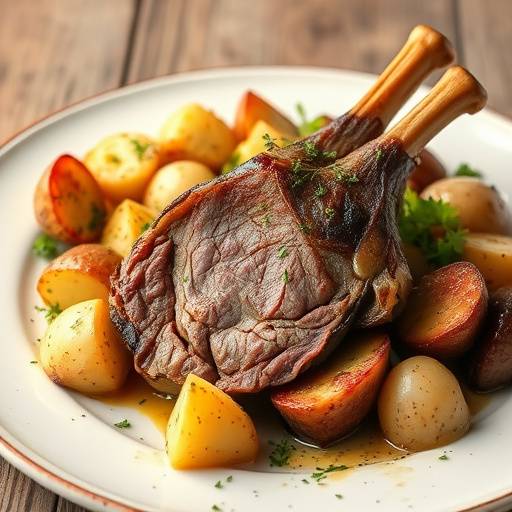 Cordero asado al estilo castellano con patatas y ensalada