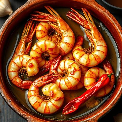 Gambas al ajillo chispeantes en una cazuela de barro, nadando en aceite de oliva con ajo y guindilla.