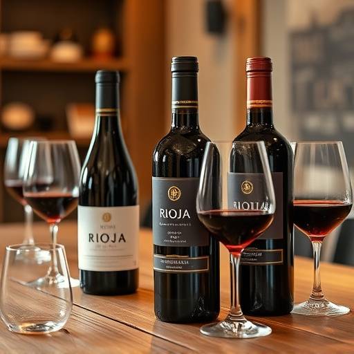 Imagen de botellas de vino Rioja de Bodegas Valdemar, dispuestas sobre una mesa de madera con copas de cata.