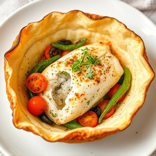 Lubina a la sal cocinada al horno con verduras frescas