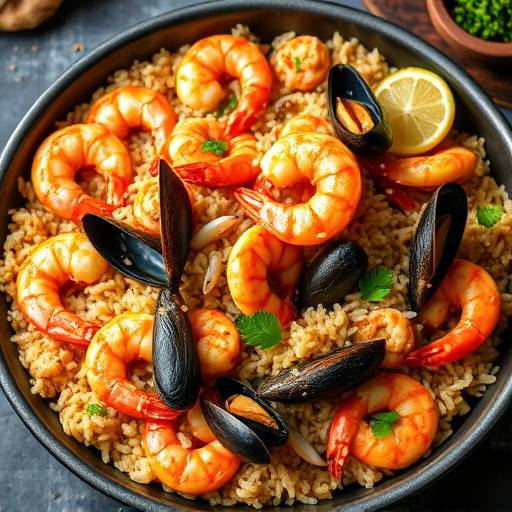Paella de mariscos con arroz, gambas, mejillones y calamares