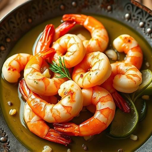 Plato de gambas al ajillo cocinadas en aceite de oliva y ajo