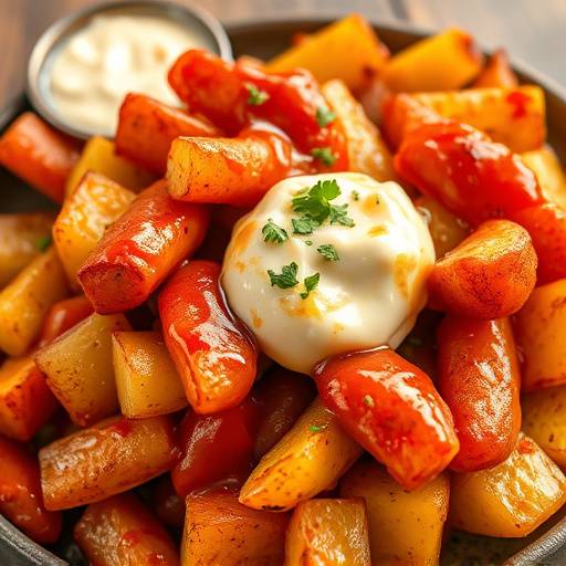 Plato de patatas bravas con salsa picante y alioli