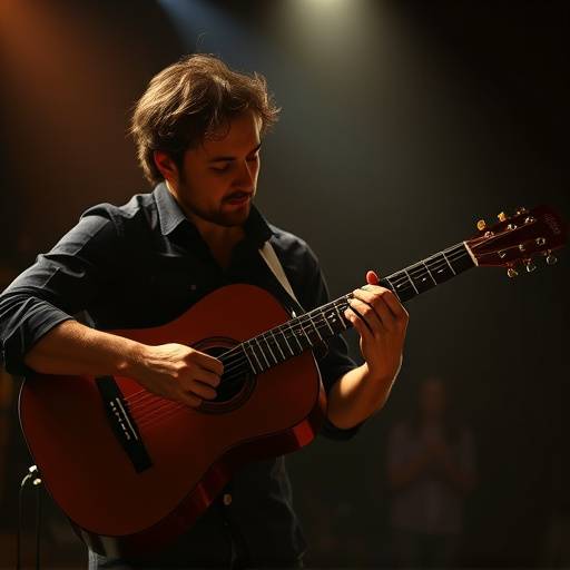Un guitarrista tocando una guitarra espa&radic;&plusmn;ola durante un concierto, con luces tenues creando un ambiente &radic;&ne;ntimo.