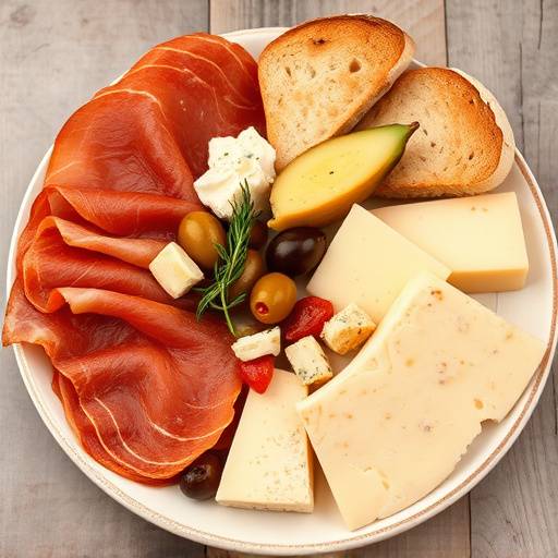 Un plato con diferentes cortes de jam&radic;&ge;n ib&radic;&copy;rico y quesos artesanales, acompa&radic;&plusmn;ado de pan y aceitunas.