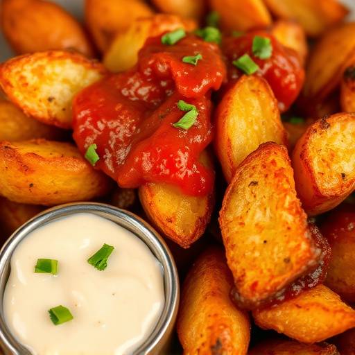 Un plato de crujientes patatas bravas cubiertas con salsa brava picante y alioli suave.