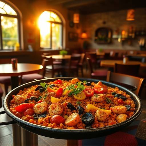 Un plato de paella valenciana servido en El Rinc贸n Ib茅rico, mostrando los colores vibrantes de la cocina espa帽ola.