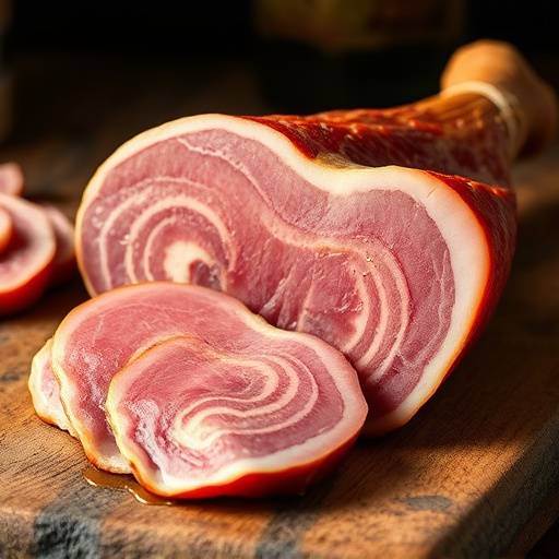 Un surtido de jam&radic;&ge;n ib&radic;&copy;rico de bellota cortado a mano, mostrando su marmoleado y color intenso.