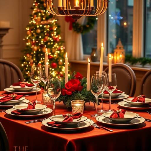 Una mesa elegantemente decorada para la cena de Navidad, con platos festivos y copas de vino.