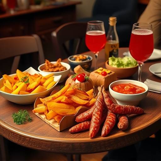 Una mesa llena de diferentes tapas espa&radic;&plusmn;olas, como patatas bravas, croquetas, calamares a la romana y pimientos de Padr&radic;&ge;n, acompa&radic;&plusmn;adas de jarras de sangr&radic;&ne;a.