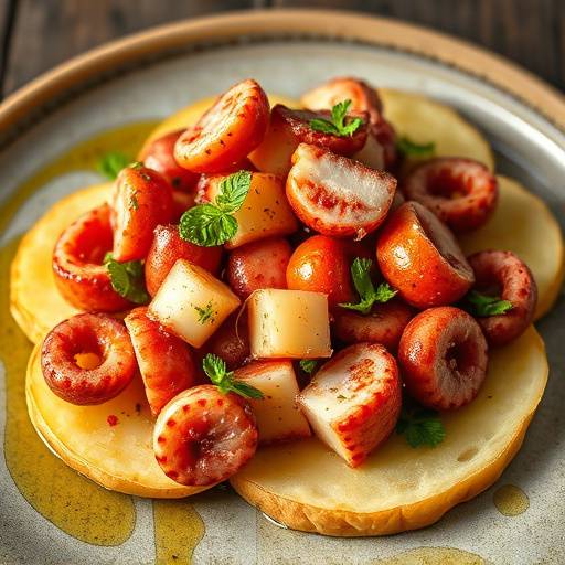 Una refrescante ensalada de pulpo a la gallega con piment&radic;&ge;n ahumado y aceite de oliva virgen extra sobre rodajas de patata.